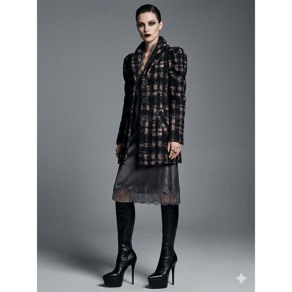 Samuel Dong Black & Mauve Plaid Jacket S With Puff Sleeves Button Front - Picture 2 of 11